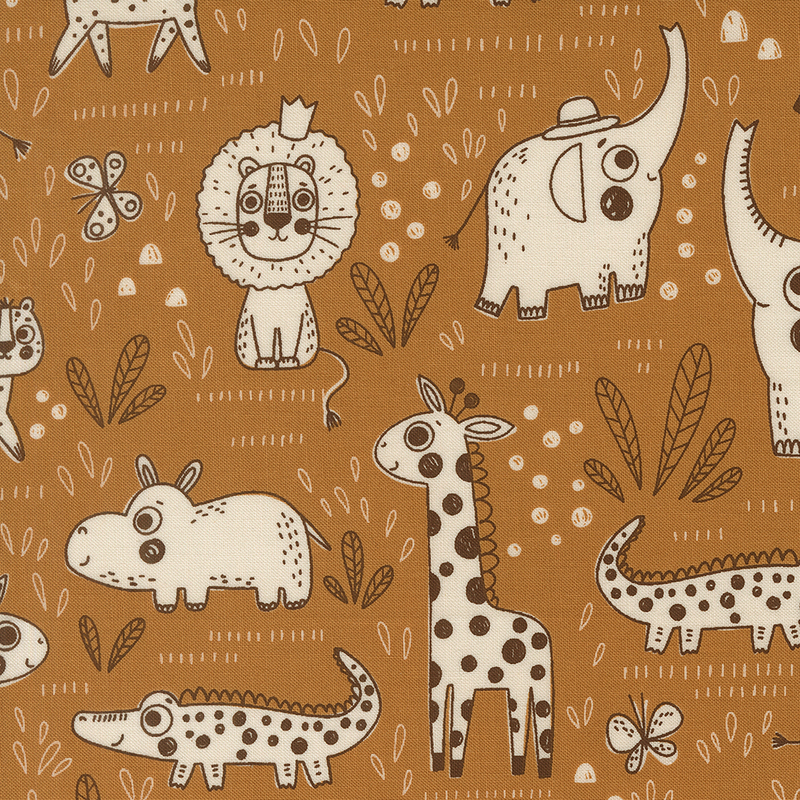Ivory and brown illustrated safari animals, butterflies, leaves, and geometric shapes on a warm caramel background.
