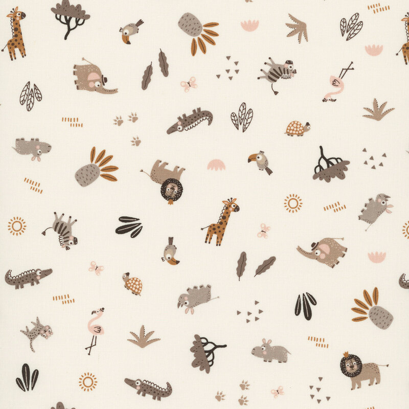 Scattered pattern of safari animals, butterflies, tropical plants, and geometric motifs on a light beige background.