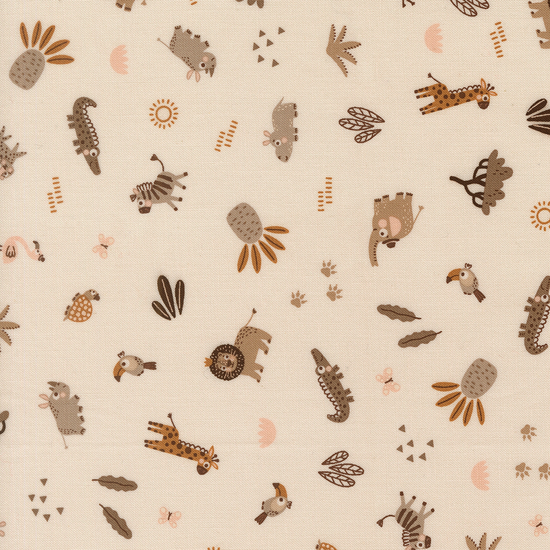 Scattered pattern of safari animals, butterflies, tropical plants, and geometric motifs on a light beige background.
