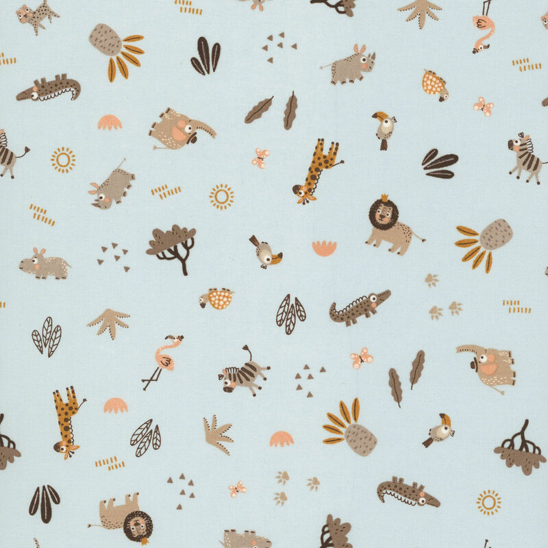 Scattered pattern of safari animals, butterflies, tropical plants, and geometric motifs on a light blue background.