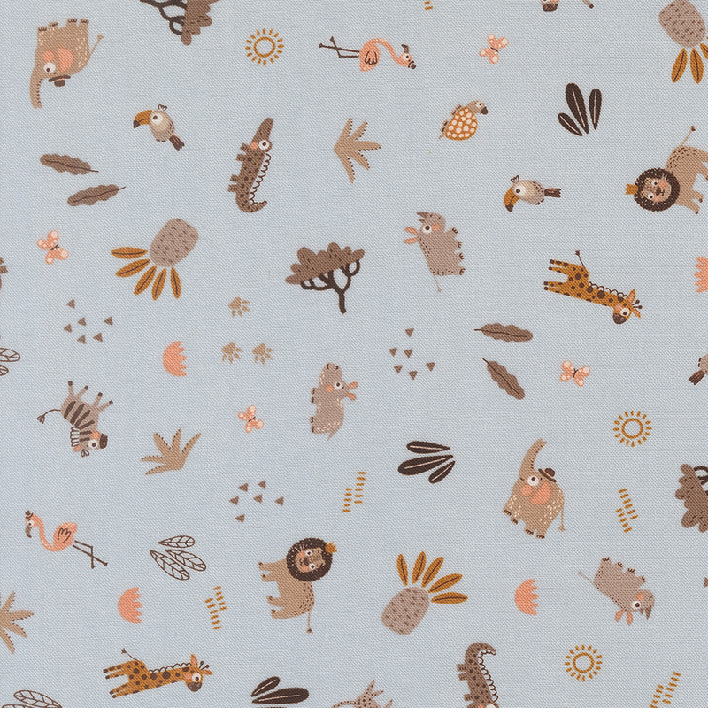 Scattered pattern of safari animals, butterflies, tropical plants, and geometric motifs on a light blue background.