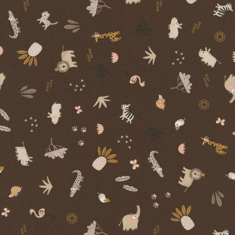 Scattered pattern of safari animals, butterflies, tropical plants, and geometric motifs on a dark chocolate background.