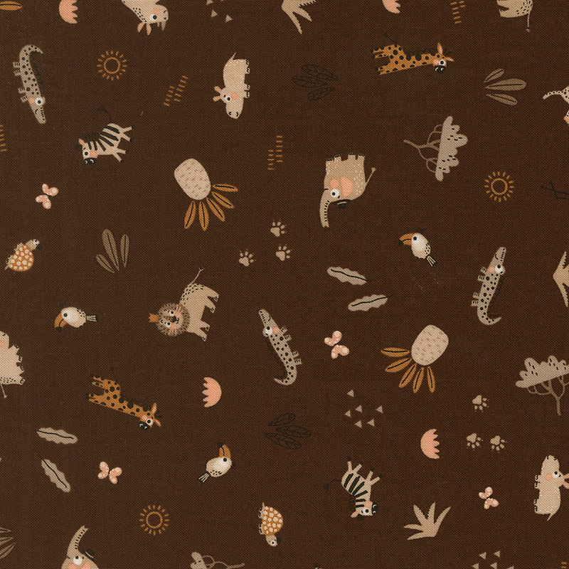 Scattered pattern of safari animals, butterflies, tropical plants, and geometric motifs on a dark chocolate background.