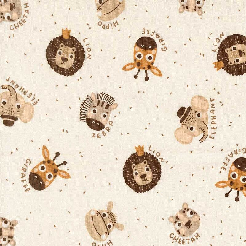 Hand-drawn safari animals and names accented with dots on a light beige background.