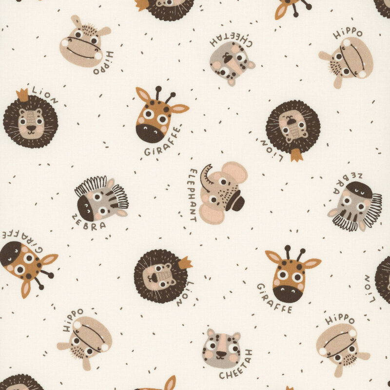 Hand-drawn safari animals and names accented with dots on a light beige background.