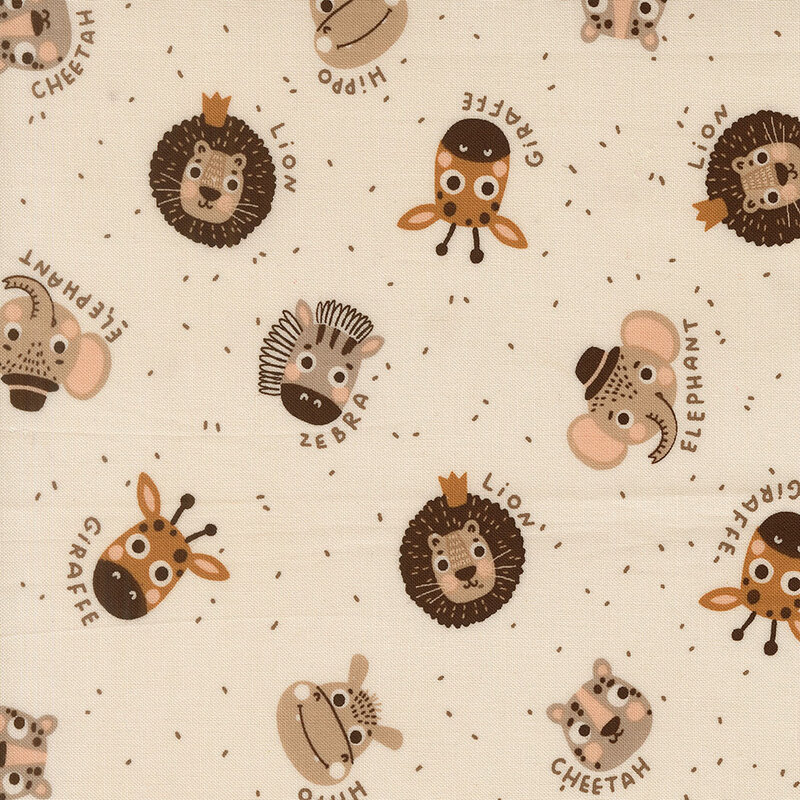 Hand-drawn safari animals and names accented with dots on a light beige background.