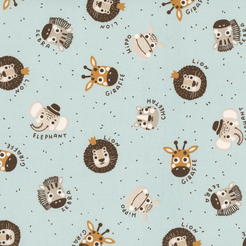 Hand-drawn safari animals and names accented with dots on a dusty blue background.