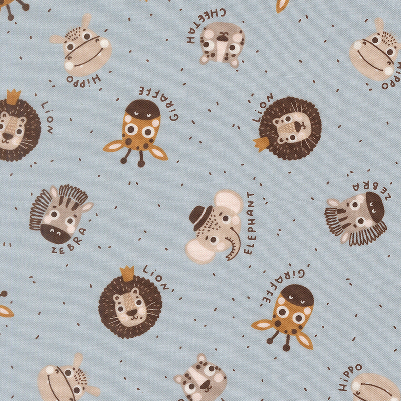 Hand-drawn safari animals and names accented with dots on a dusty blue background.
