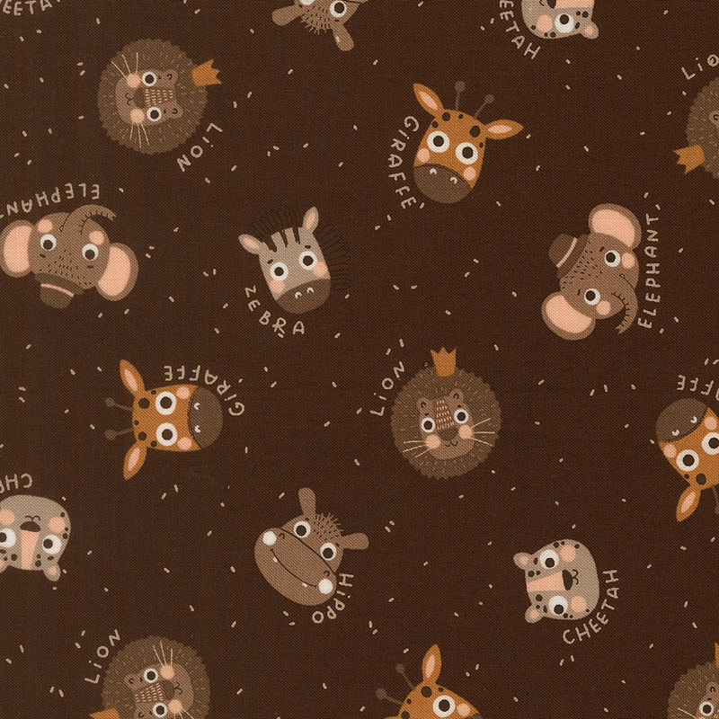 Hand-drawn safari animals and names accented with dots on a dark brown background.
