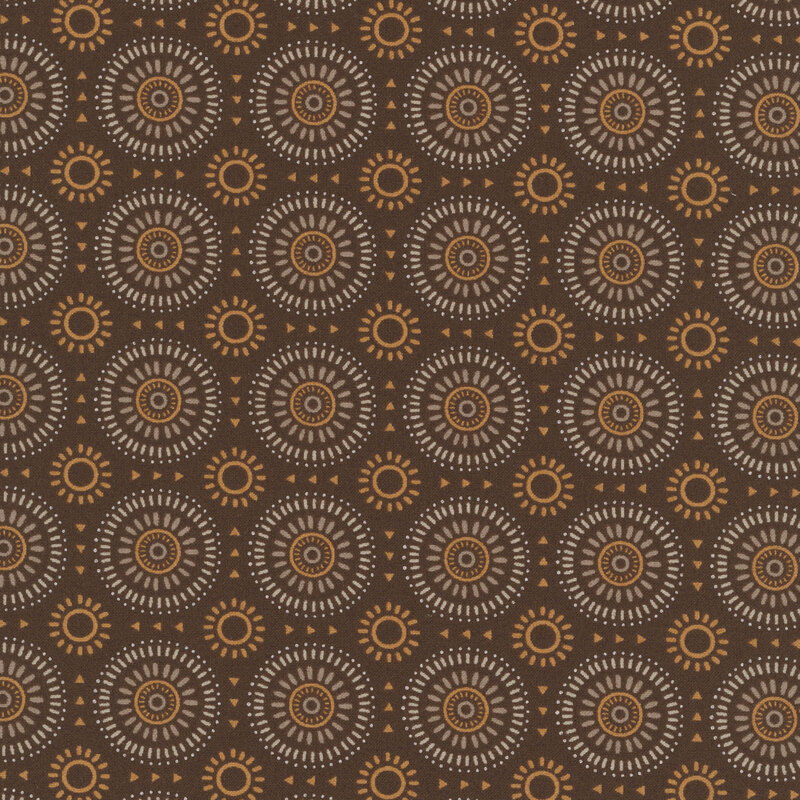 Dark brown fabric featuring a geometric sunburst pattern in hues of gold, taupe, and beige.
