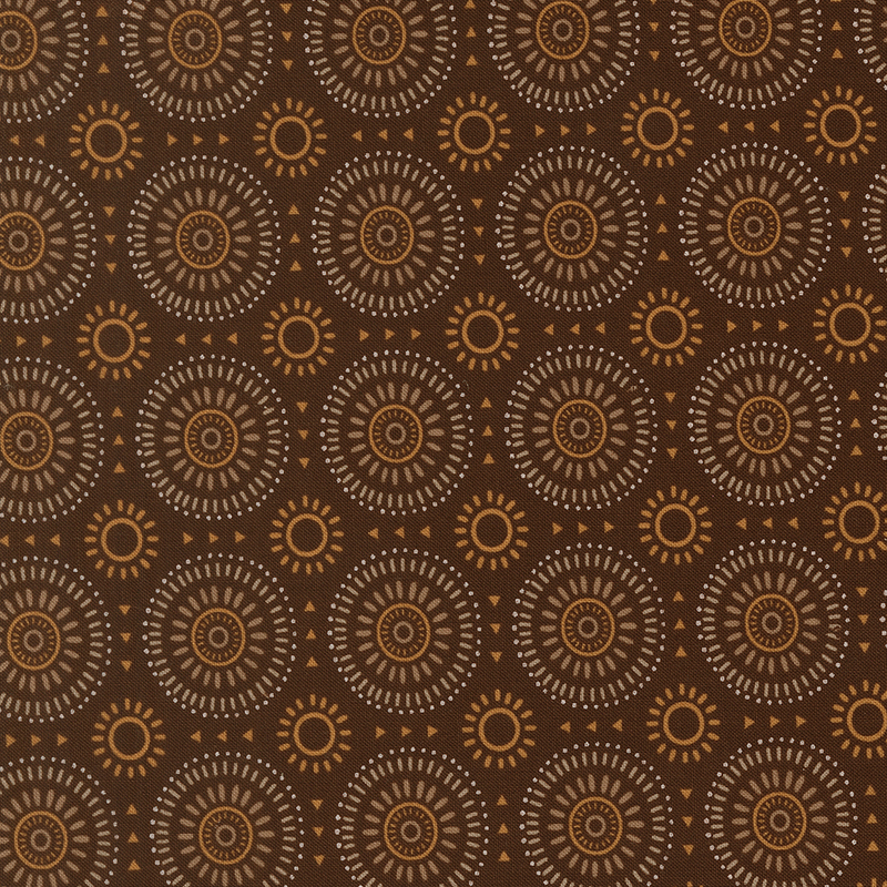 Dark brown fabric featuring a geometric sunburst pattern in hues of gold, taupe, and beige.