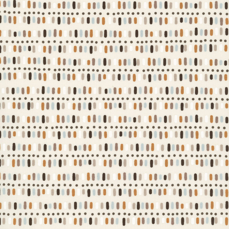 rows of hand-drawn dashes and dotted lines in earthy shades of brown, tan, cream, and soft blue on a light beige background.