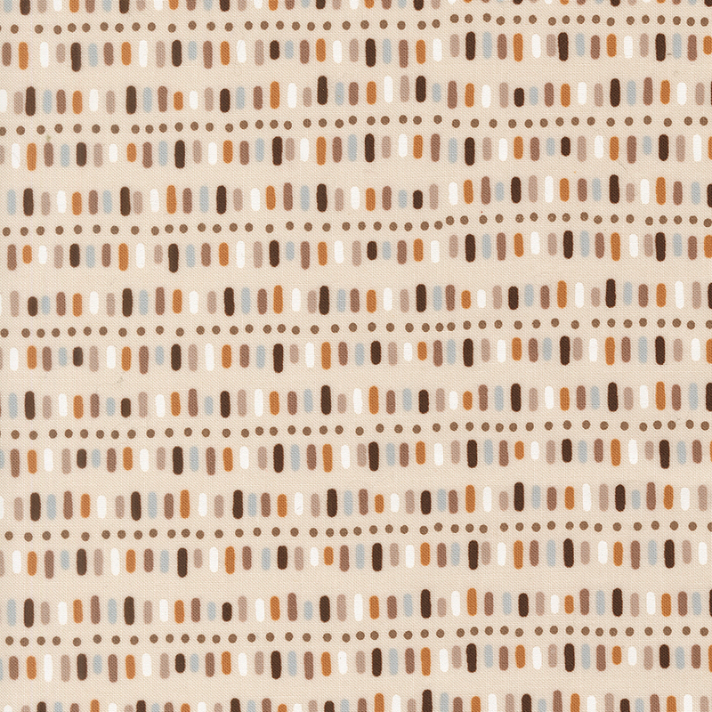 rows of hand-drawn dashes and dotted lines in earthy shades of brown, tan, cream, and soft blue on a light beige background.