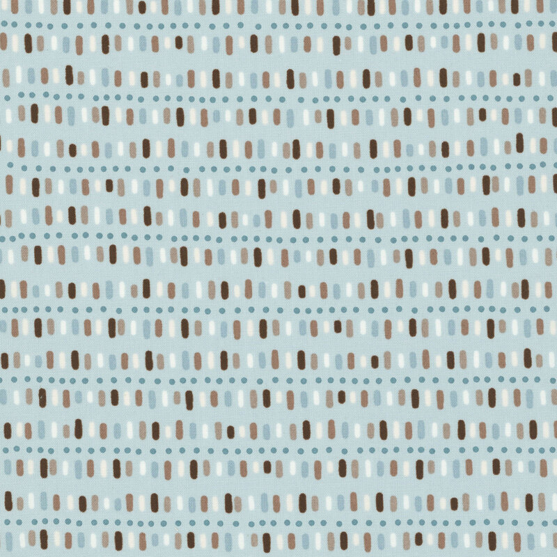 rows of hand-drawn dashes and dotted lines in earthy shades of brown, tan, cream, and soft blue on a light blue background.
