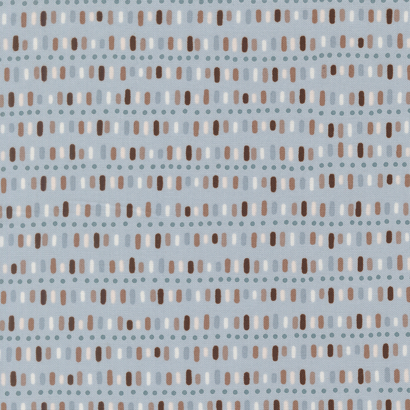 rows of hand-drawn dashes and dotted lines in earthy shades of brown, tan, cream, and soft blue on a light blue background.