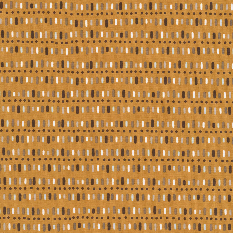rows of hand-drawn dashes and dotted lines in earthy shades of brown, tan, cream, and soft blue on a warm caramel background.