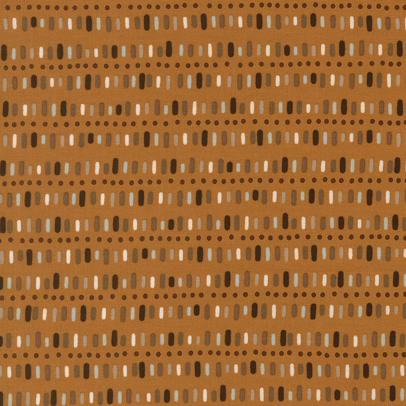 rows of hand-drawn dashes and dotted lines in earthy shades of brown, tan, cream, and soft blue on a warm caramel background.
