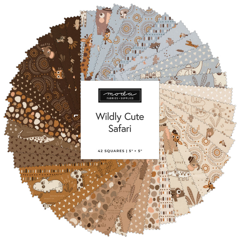 Circular collage of fabrics from the Wildly Cute Safari collection featuring safari animals and geometric prints in hues of brown, blue, and cream.