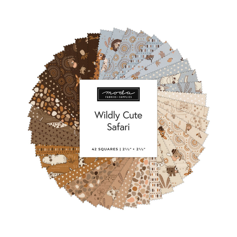 Circular collage of fabrics from the Wildly Cute Safari collection featuring safari animals and geometric prints in hues of brown, blue, and cream.
