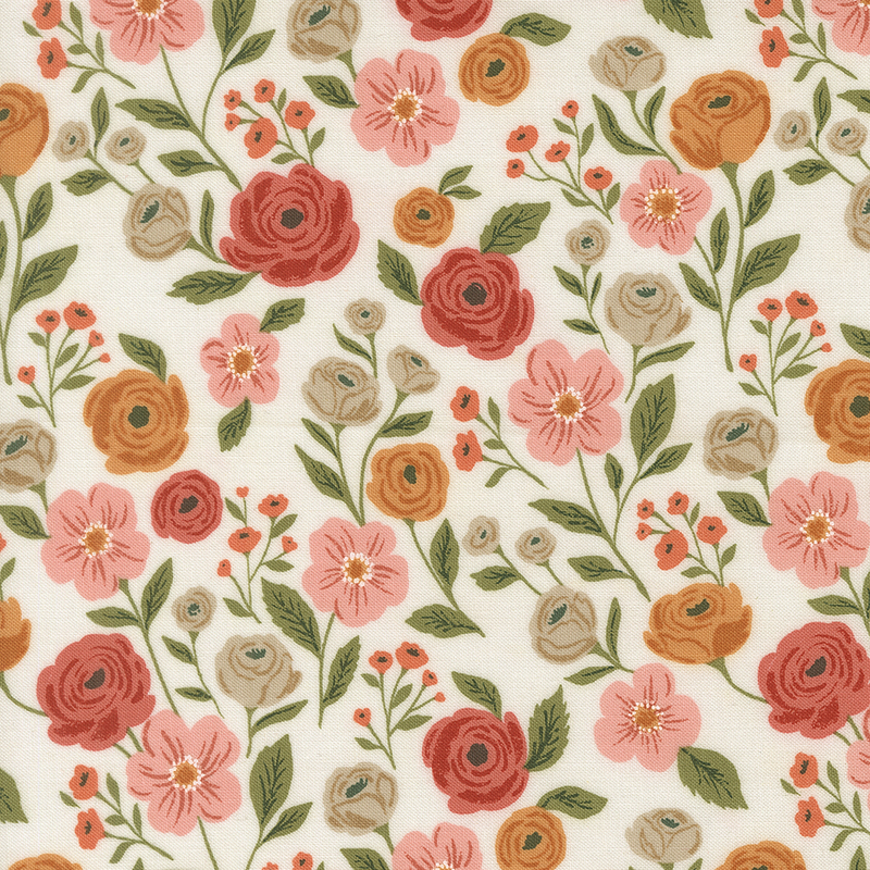 This white fabric features candy red, coral pink, orange, and cream grey flowers. 