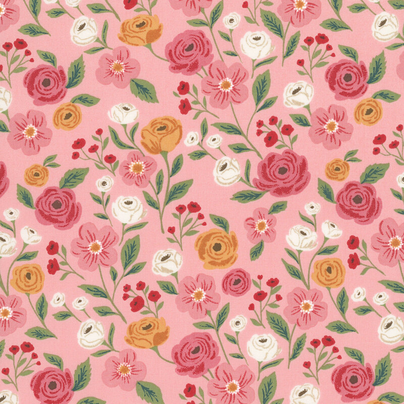 This pink fabric features candy red, coral pink, orange, and cream grey flowers. 