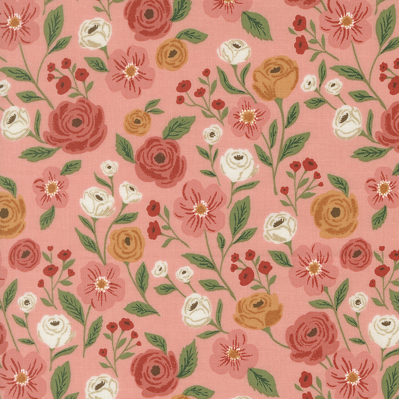This pink fabric features candy red, coral pink, orange, and cream grey flowers. 