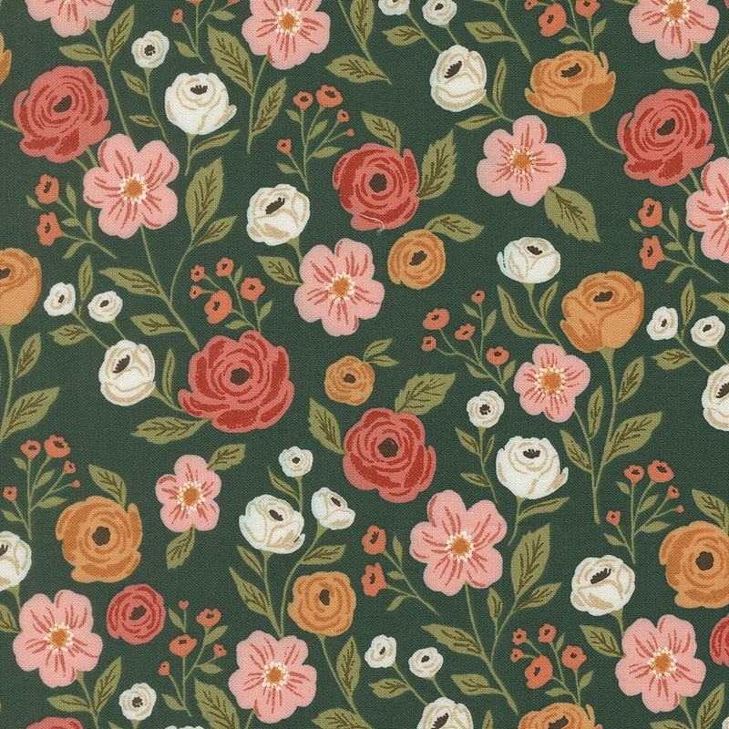 This phthalo green fabric features candy red, coral pink, orange, and cream grey flowers. 