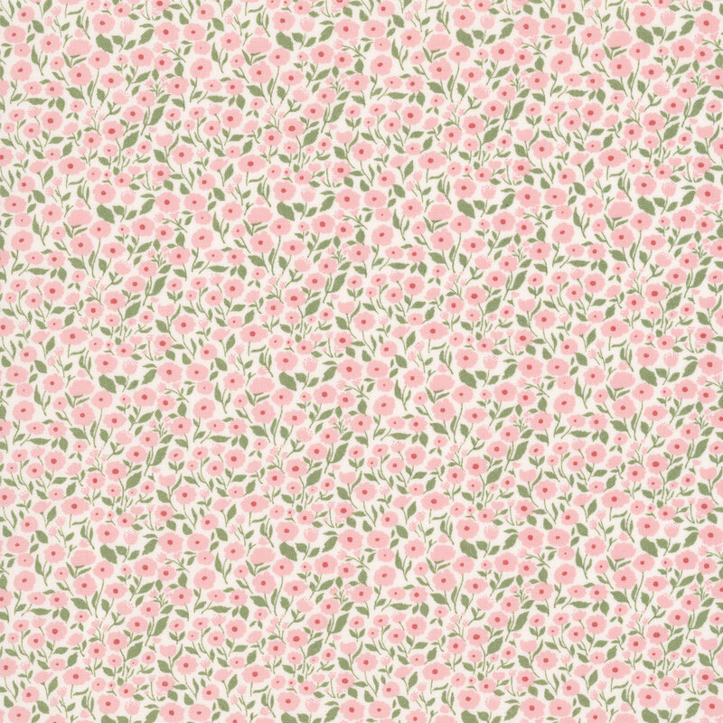 This white fabric features packed pink florals with green stems. 