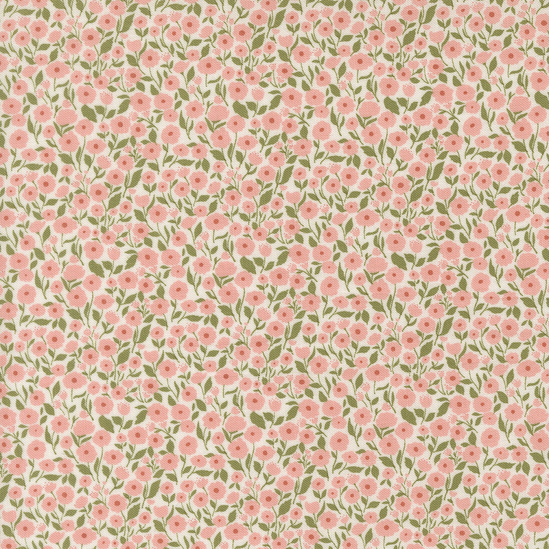 This white fabric features packed pink florals with green stems. 