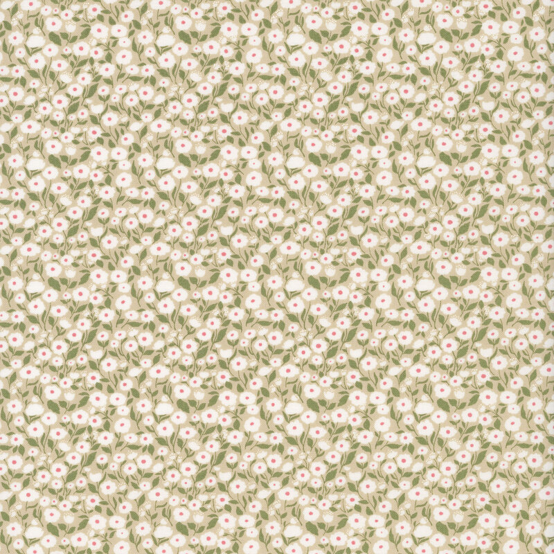 This beige fabric features packed white florals with muted green stems. 