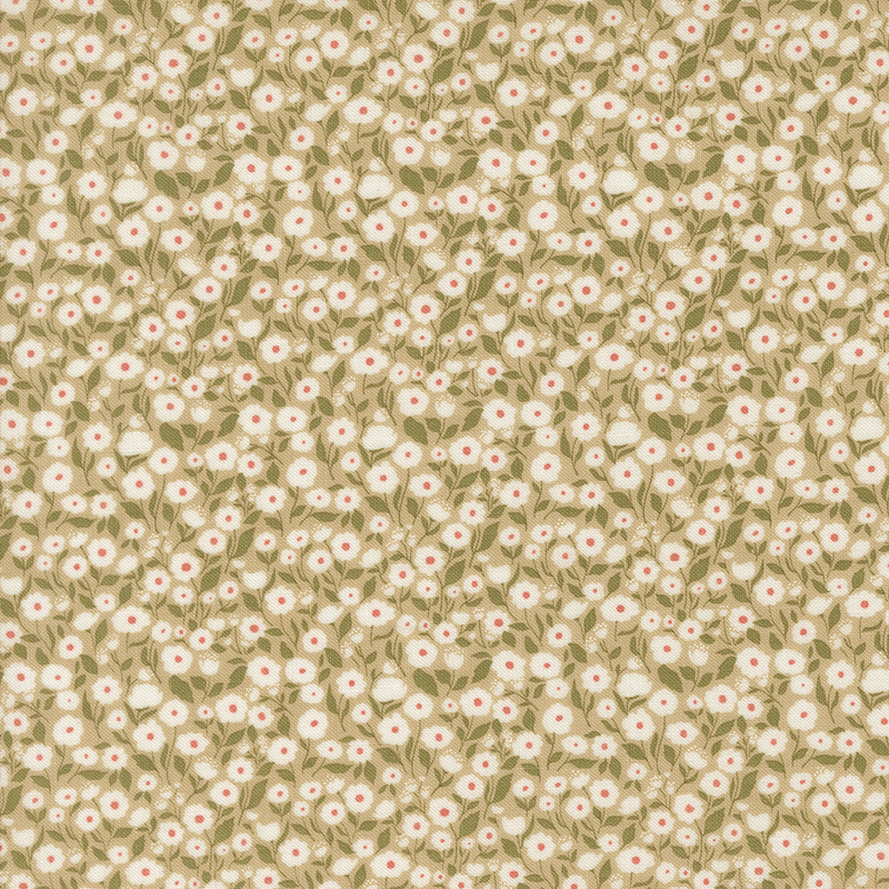 This beige fabric features packed white florals with muted green stems. 