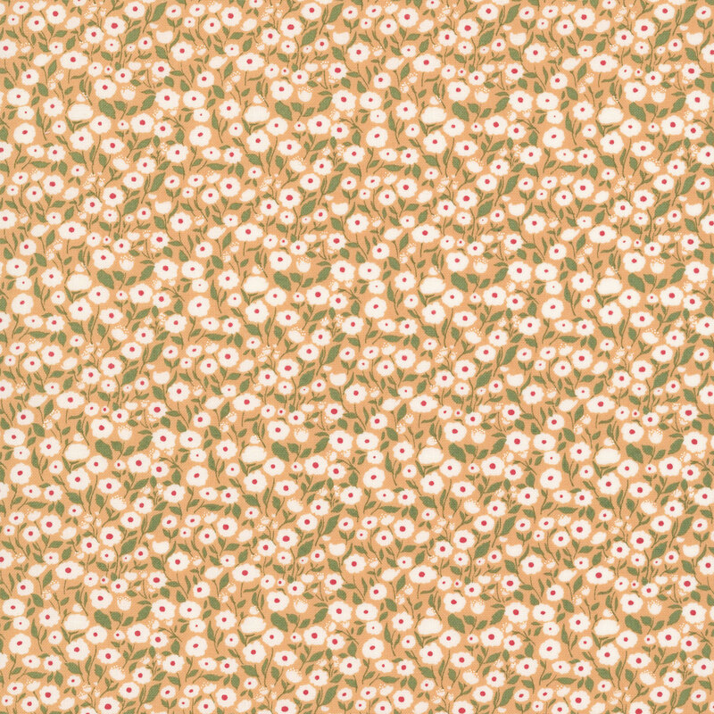 This butterscotch fabric features packed white florals with muted green stems. 
