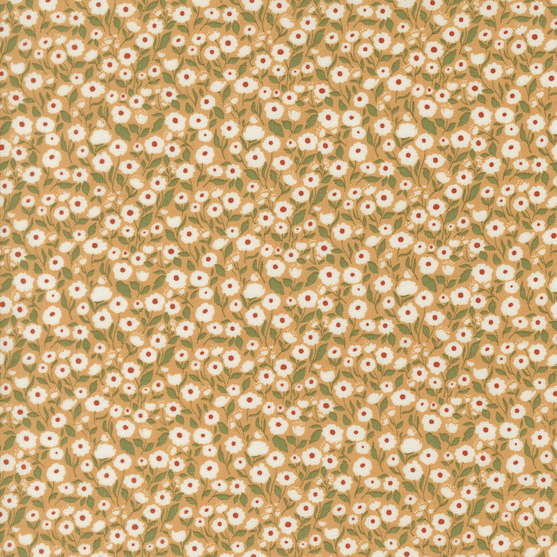 This butterscotch fabric features packed white florals with muted green stems. 