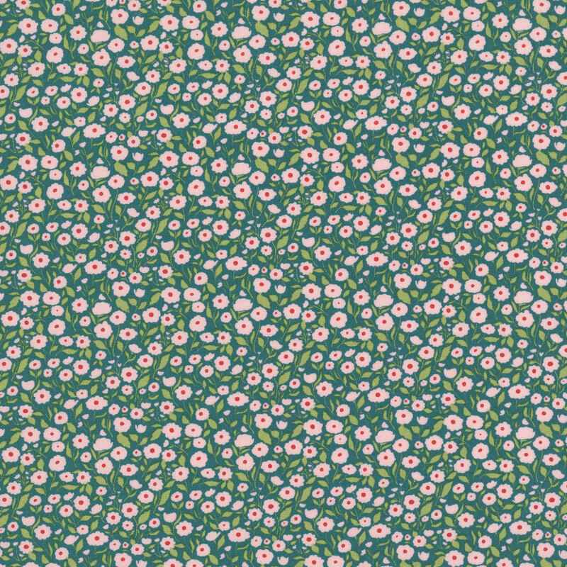 This phthalo green fabric features packed pink florals with green stems. 