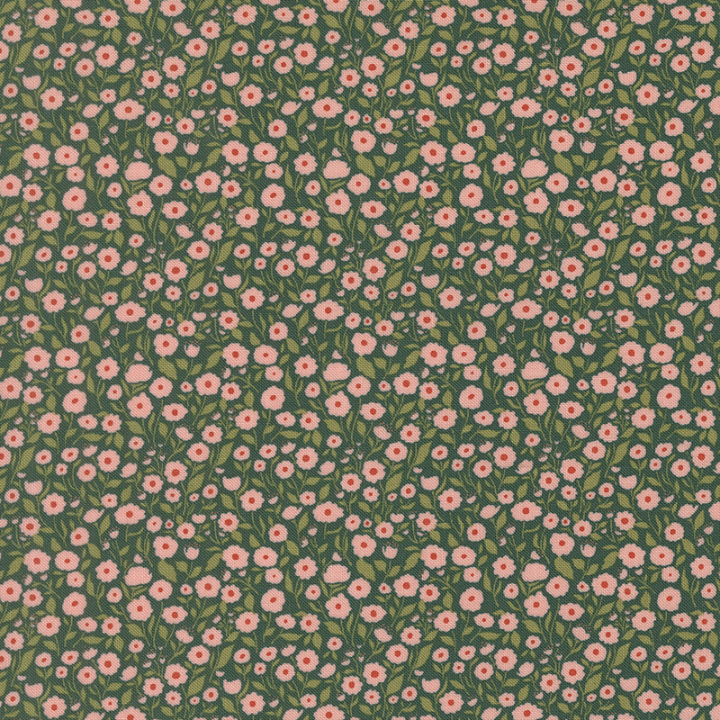This phthalo green fabric features packed pink florals with green stems. 