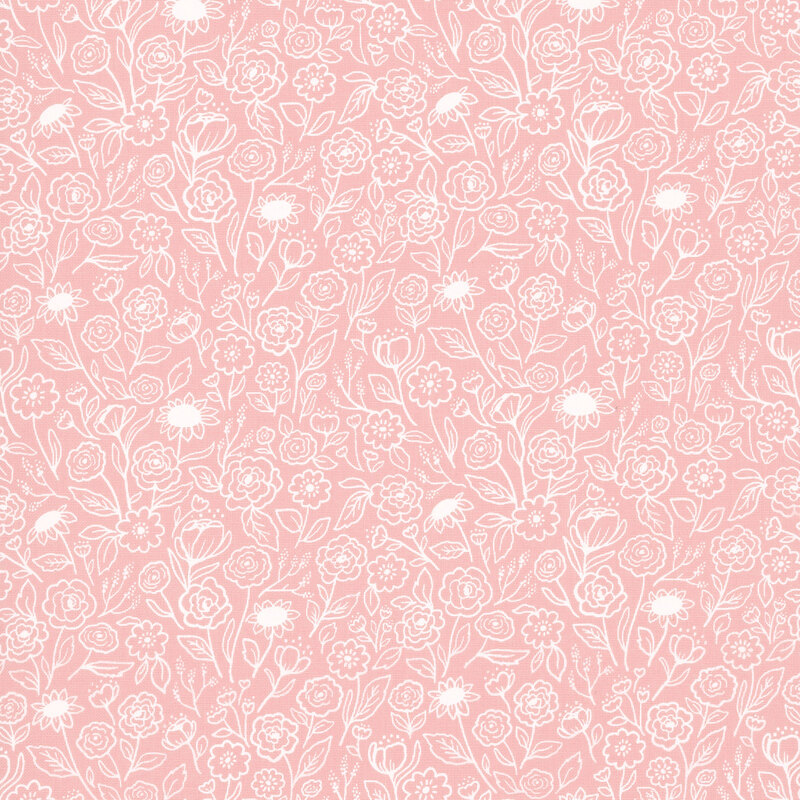 This peachy pink fabric features delicate white outlines of blooming flowers and leafy vines for a soft, graceful look.