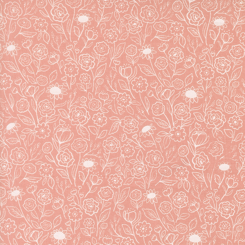 This peachy pink fabric features delicate white outlines of blooming flowers and leafy vines for a soft, graceful look.