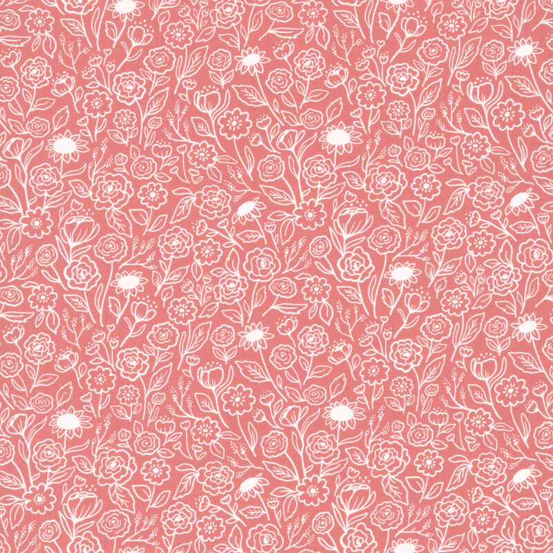 This salmon orange fabric features delicate white outlines of blooming flowers and leafy vines for a soft, graceful look.