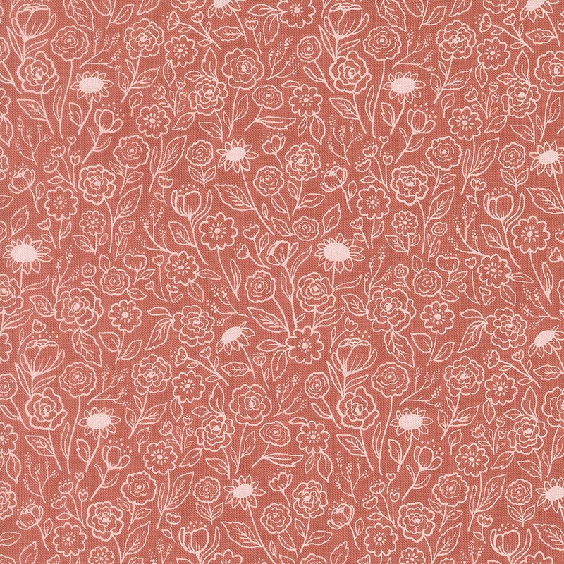 This salmon orange fabric features delicate white outlines of blooming flowers and leafy vines for a soft, graceful look.