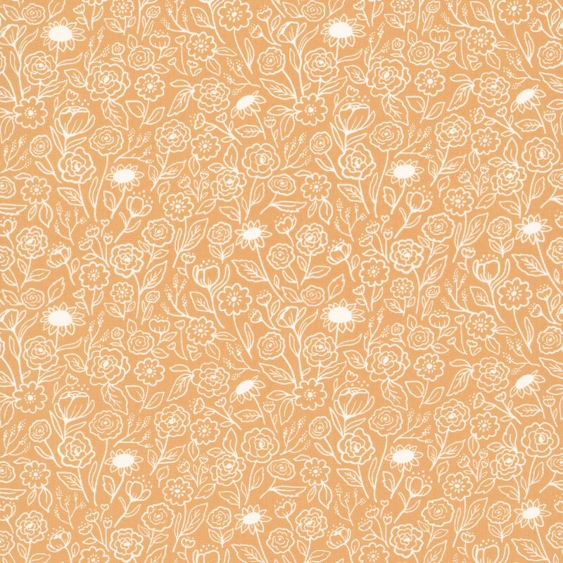 This butterscotch fabric features delicate white outlines of blooming flowers and leafy vines for a soft, graceful look.