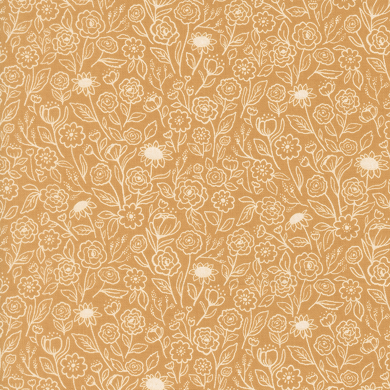 This butterscotch fabric features delicate white outlines of blooming flowers and leafy vines for a soft, graceful look.