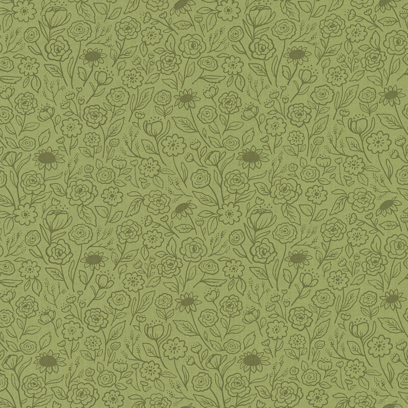 This tonal sage green fabric features delicate outlines of blooming flowers and leafy vines for a soft, graceful look.