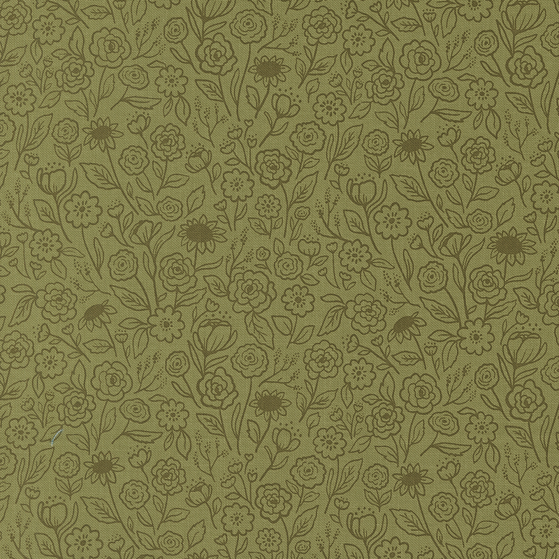 This tonal sage green fabric features delicate outlines of blooming flowers and leafy vines for a soft, graceful look.