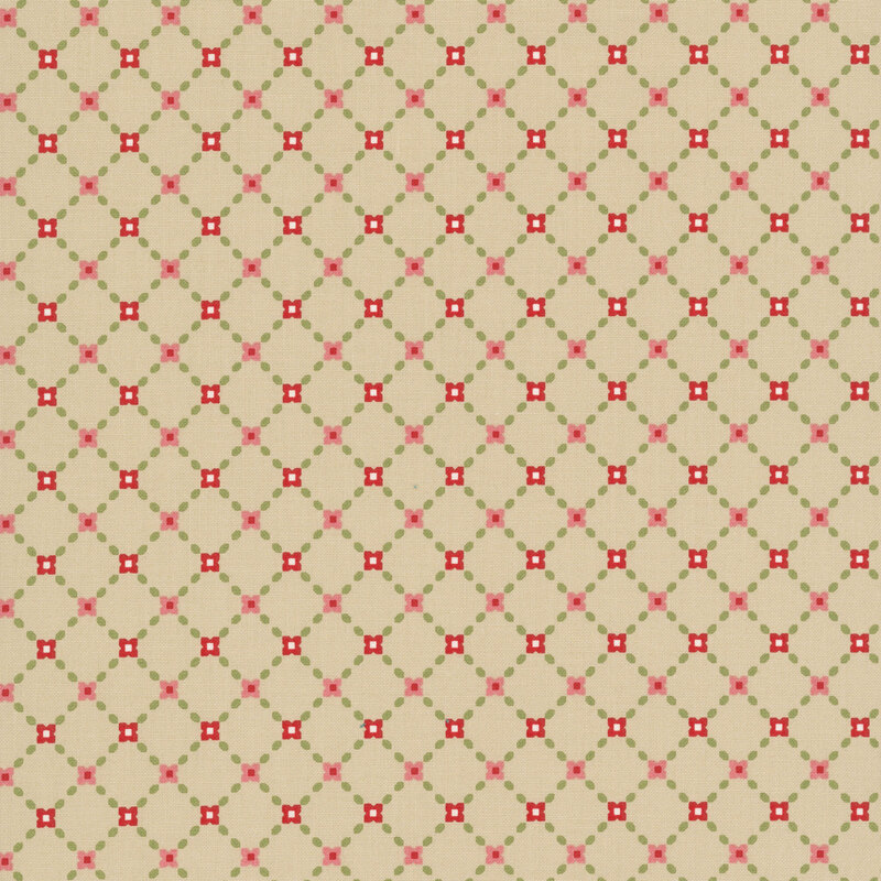 This beige fabric features an elegant lattice design accented with red flowers and green leaves for a timeless, garden inspired look.