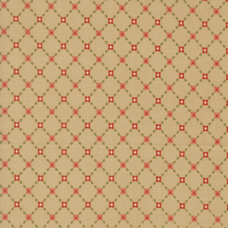 This beige fabric features an elegant lattice design accented with red flowers and green leaves for a timeless, garden inspired look.