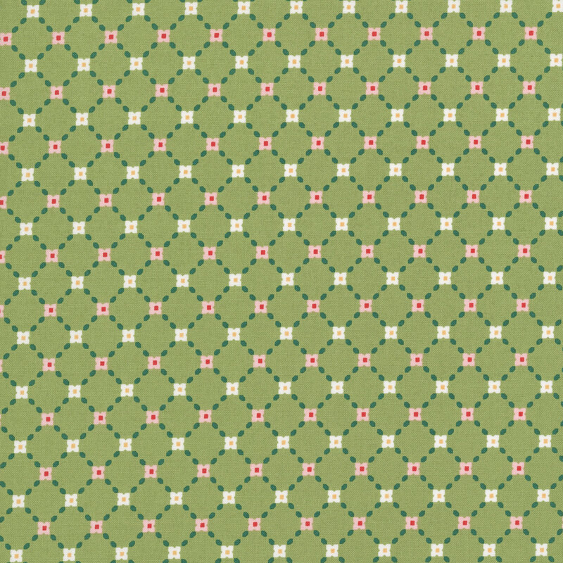 This sage green fabric features an elegant lattice design accented with pink and white flowers and green leaves for a timeless, garden inspired look.