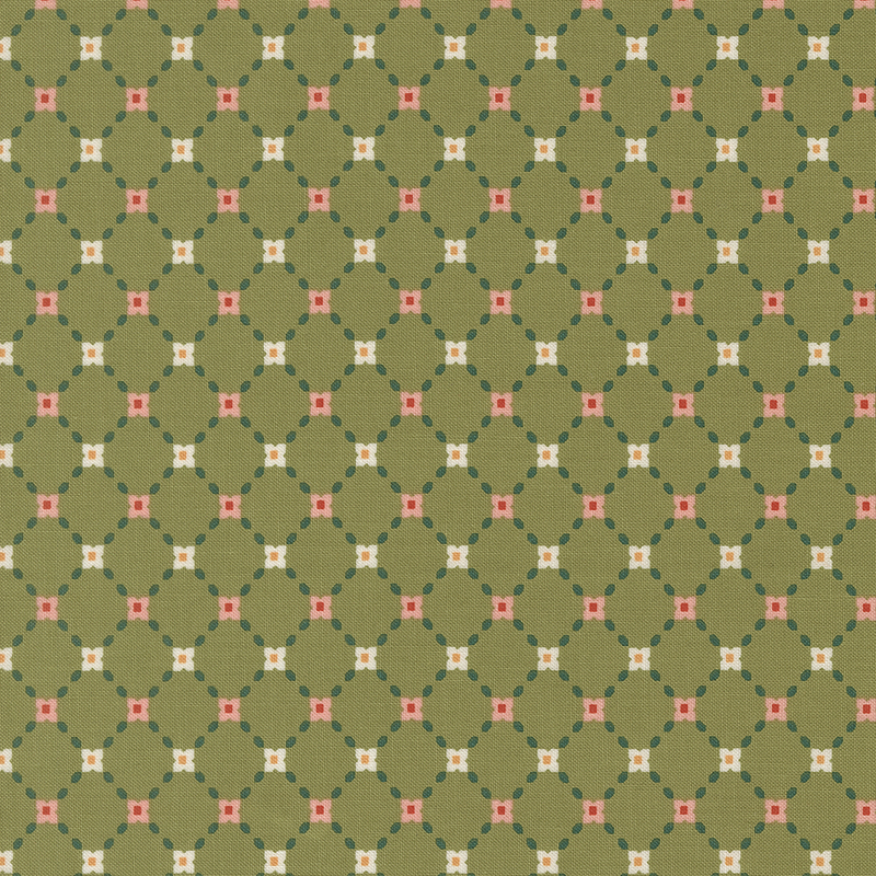 This sage green fabric features an elegant lattice design accented with pink and white flowers and green leaves for a timeless, garden inspired look.
