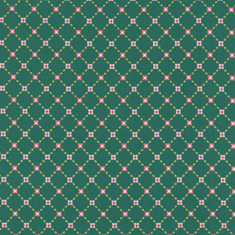 This phthalo green fabric features an elegant lattice design accented with pink flowers and green leaves for a timeless, garden inspired look.
