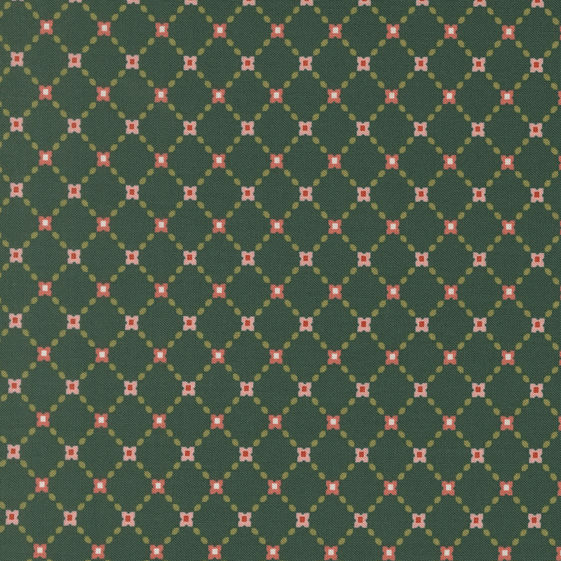 This phthalo green fabric features an elegant lattice design accented with pink flowers and green leaves for a timeless, garden inspired look.