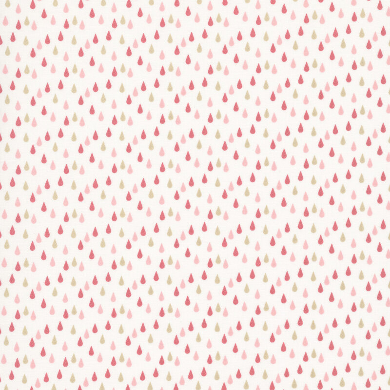 This white fabric features salmon pink, pink and beige rain drops. 